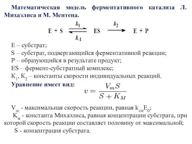 Математическая модель ферментативного катализа Л. Михаэлиса и М. Ментена. Е – субстрат;