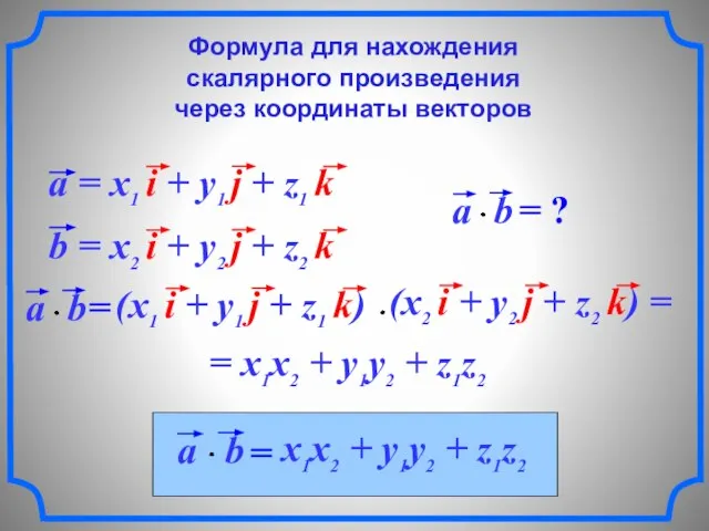 Формула для нахождения скалярного произведения через координаты векторов = x1x2 + y1y2 + z1z2