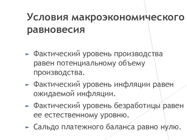 Условия макроэкономического равновесия Фактический уровень производства равен потенциальному объему производства. Фактический уровень