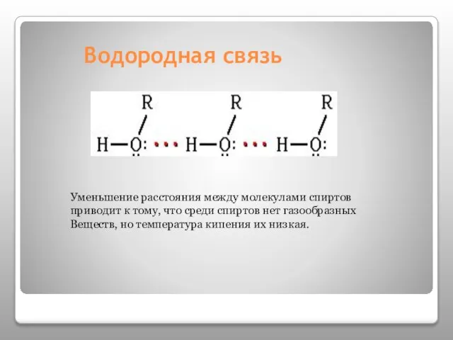 Водородная связь Уменьшение расстояния между молекулами спиртов приводит к тому, что среди