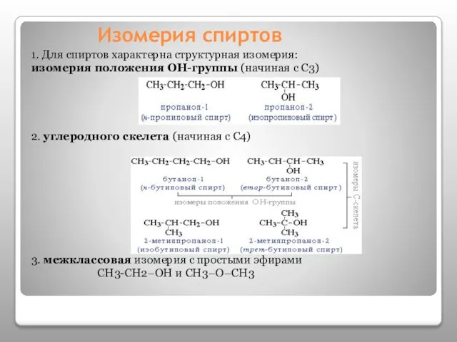 Изомерия спиртов 1. Для спиртов характерна структурная изомерия: изомерия положения ОН-группы (начиная