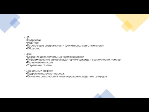 ЦА Подростки Родители Помогающие специальности (учителя, полиция, психологи) Общество Цели Создание дополнительных