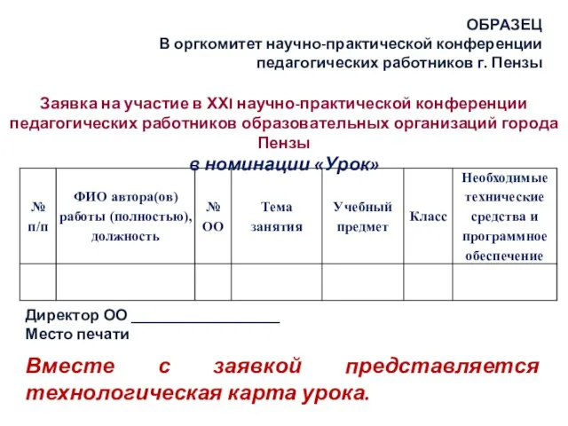 ОБРАЗЕЦ В оргкомитет научно-практической конференции педагогических работников г. Пензы Директор ОО ___________________