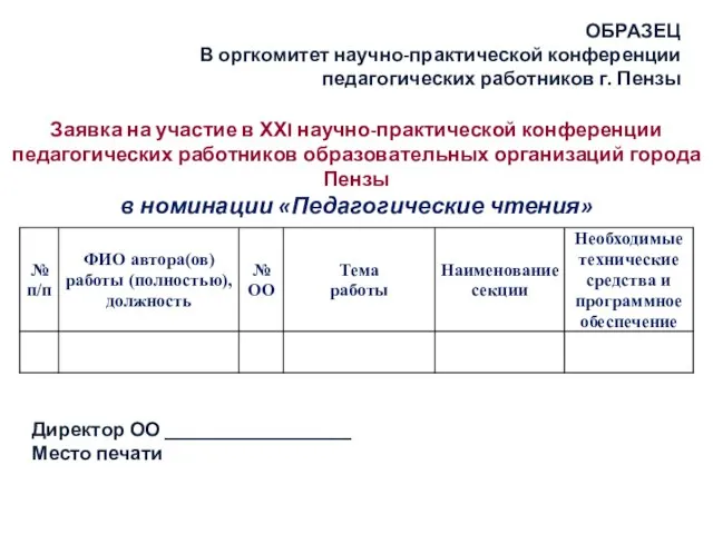 ОБРАЗЕЦ В оргкомитет научно-практической конференции педагогических работников г. Пензы Заявка на участие