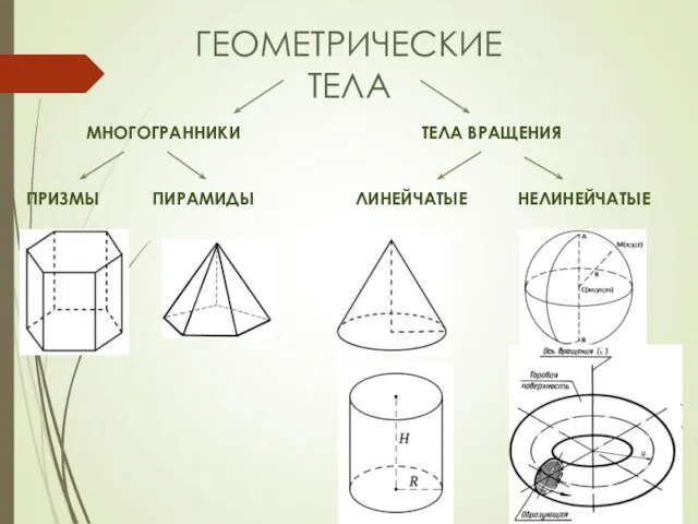 ГЕОМЕТРИЧЕСКИЕ ТЕЛА МНОГОГРАННИКИ ТЕЛА ВРАЩЕНИЯ ПРИЗМЫ ПИРАМИДЫ ЛИНЕЙЧАТЫЕ НЕЛИНЕЙЧАТЫЕ