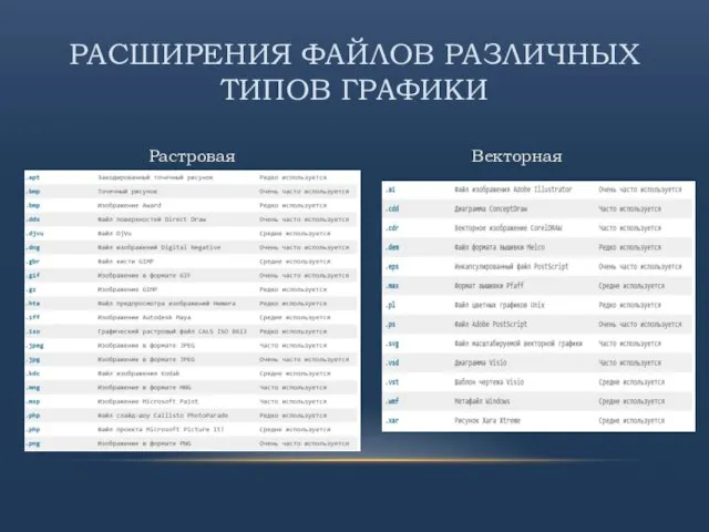 . РАСШИРЕНИЯ ФАЙЛОВ РАЗЛИЧНЫХ ТИПОВ ГРАФИКИ Растровая Векторная