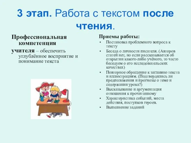 3 этап. Работа с текстом после чтения. Профессиональная компетенция учителя – обеспечить