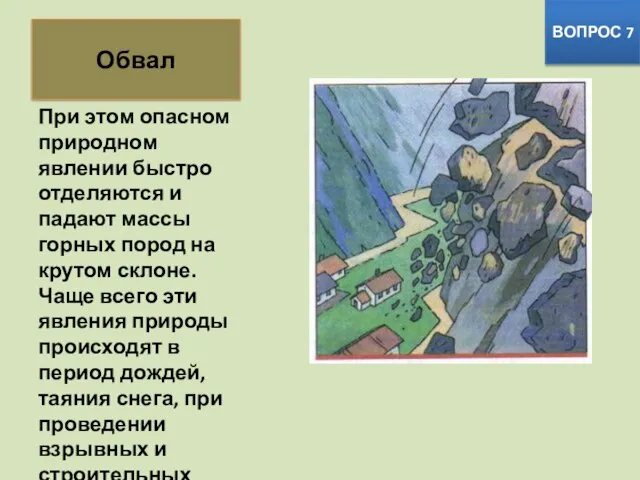 ВОПРОС 7 При этом опасном природном явлении быстро отделяются и падают массы