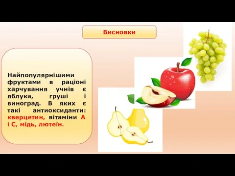 Висновки Найпопулярнішими фруктами в раціоні харчування учнів є яблука, груші і виноград.