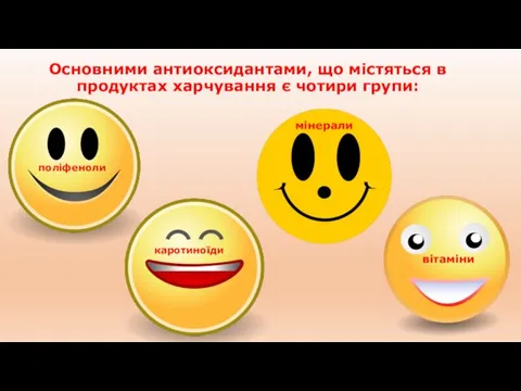 Основними антиоксидантами, що містяться в продуктах харчування є чотири групи: