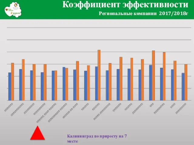 Коэффициент эффективности Региональные компании 2017/2018г Калининград по приросту на 7 месте