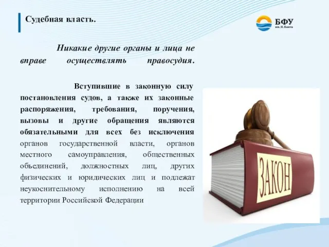 Судебная власть. Никакие другие органы и лица не вправе осуществлять правосудия. Вступившие