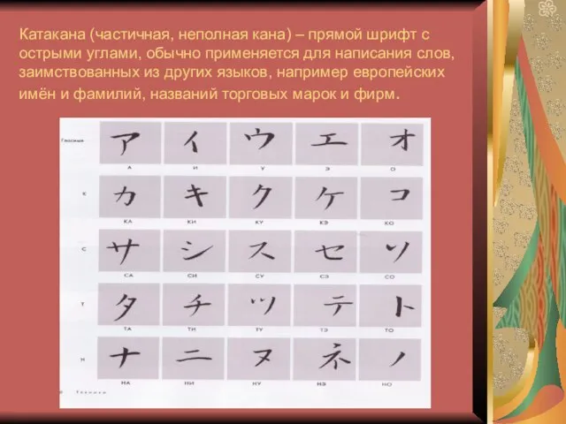 Катакана (частичная, неполная кана) – прямой шрифт с острыми углами, обычно применяется