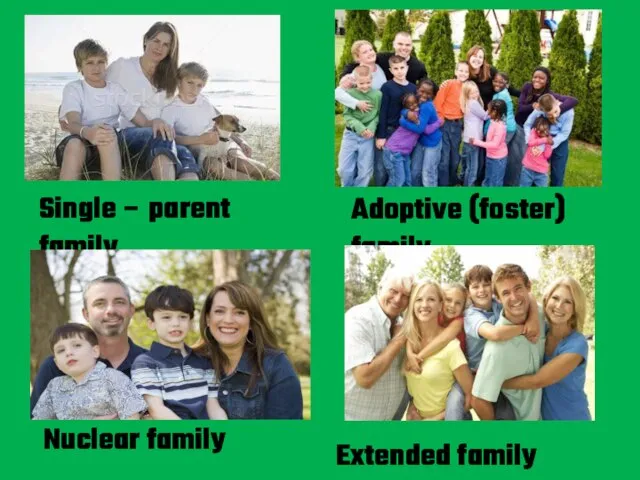 Nuclear family Adoptive (foster) family Single – parent family Extended family