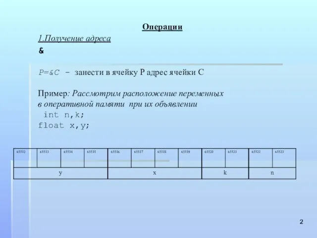 Операции 1.Получение адреса & P=&C - занести в ячейку P адрес ячейки