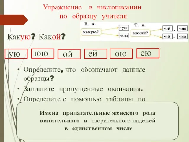 Упражнение в чистописании по образцу учителя Какую? Какой? ую юю Определите, что