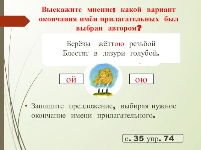 Выскажите мнение: какой вариант окончания имён прилагательных был выбран автором? с. 35