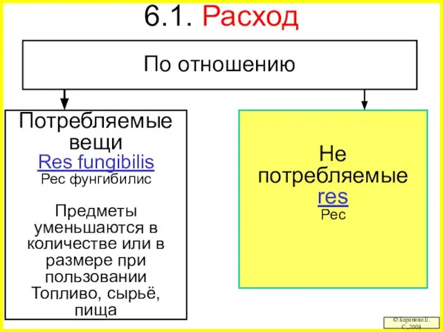 6.1. Расход © Баранова Е.С.,2009 Потребляемые вещи Res fungibilis Рес фунгибилис Предметы