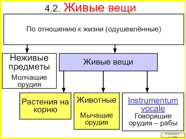 4.2. Живые вещи © Баранова Е.С.,2009 Неживые предметы Молчащие орудия Животные Мычащие