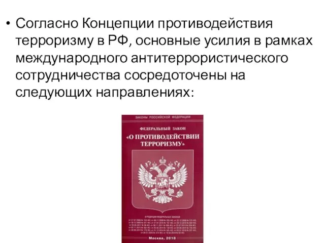 Согласно Концепции противодействия терроризму в РФ, основные усилия в рамках международного антитеррористического