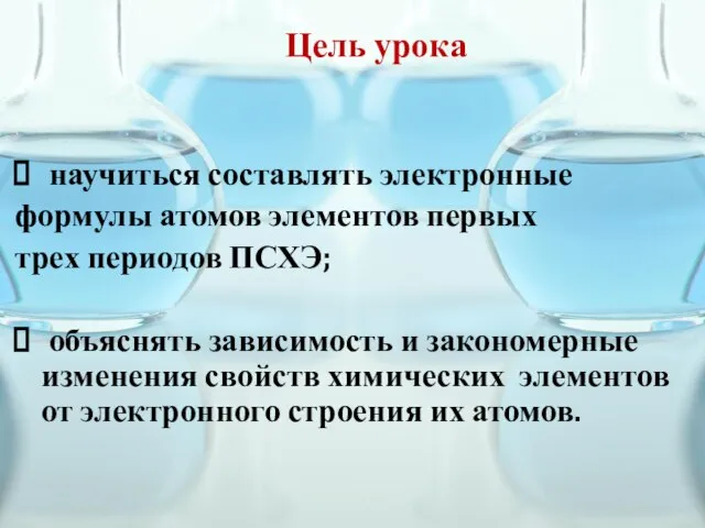 Цель урока научиться составлять электронные формулы атомов элементов первых трех периодов ПСХЭ;