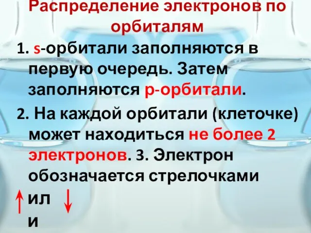 Распределение электронов по орбиталям 1. s-орбитали заполняются в первую очередь. Затем заполняются