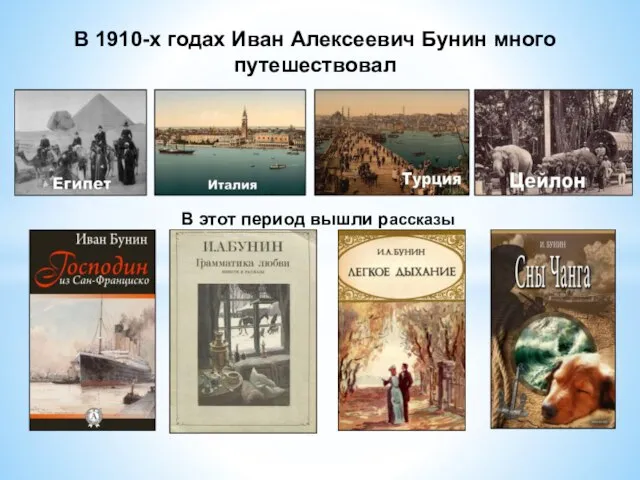 В 1910-х годах Иван Алексеевич Бунин много путешествовал В этот период вышли рассказы