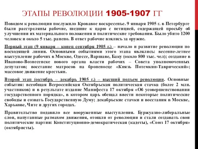 ЭТАПЫ РЕВОЛЮЦИИ 1905-1907 ГГ Поводом к революции послужило Кровавое воскресенье. 9 января