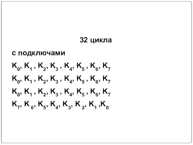 32 цикла с подключами K0, K1 , K2, K3 , K4, K5