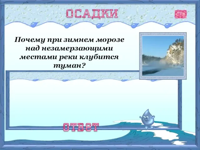 Вода над незамерзающими местами реки испаряется в воздух, он насыщается водяным паром.