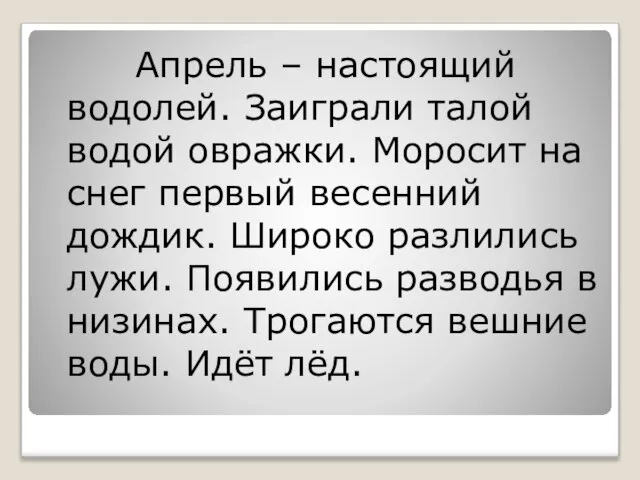 Апрель – настоящий водолей. Заиграли талой водой овражки. Моросит на снег первый