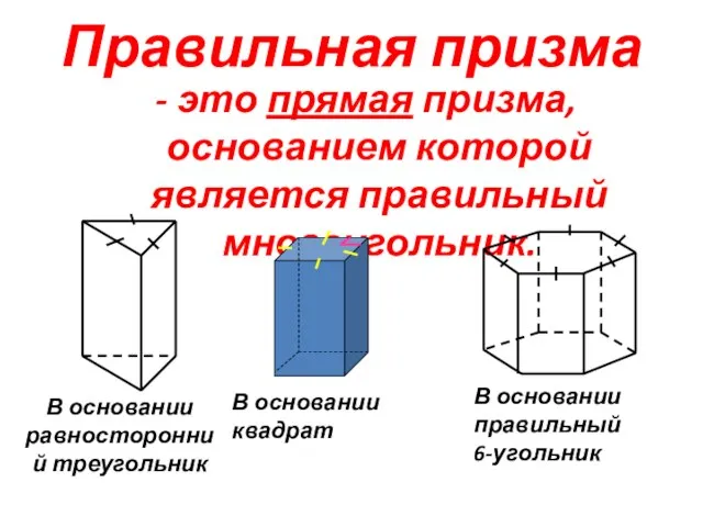 Правильная призма - это прямая призма, основанием которой является правильный многоугольник. В