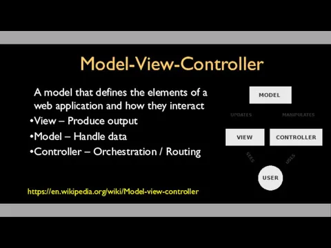 Model-View-Controller A model that defines the elements of a web application and