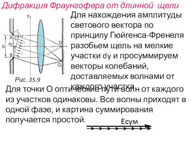 Дифракция Фраунгофера от длинной щели Для нахождения амплитуды светового вектора по принципу