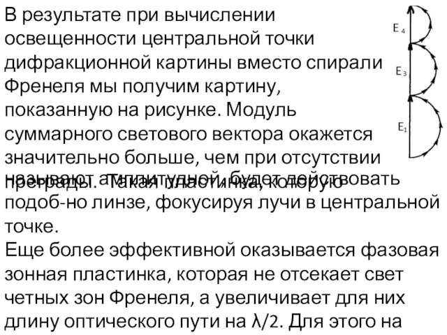 В результате при вычислении освещенности центральной точки дифракционной картины вместо спирали Френеля