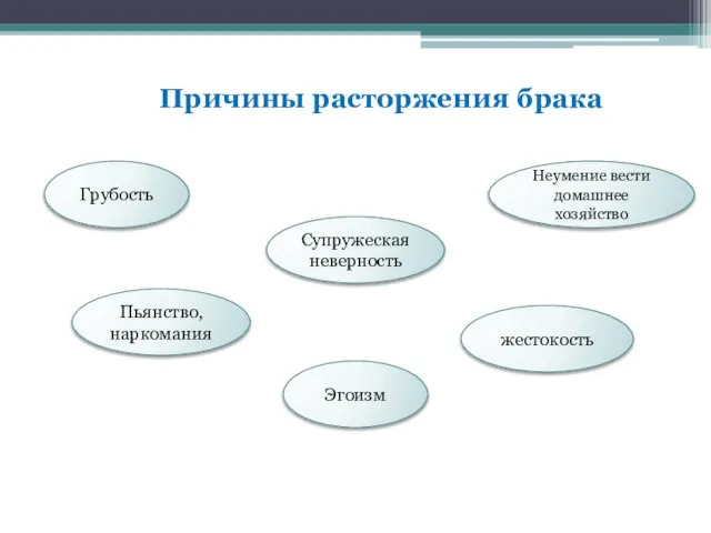 Причины расторжения брака Грубость Пьянство, наркомания Эгоизм Супружеская неверность жестокость Неумение вести домашнее хозяйство