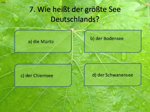 7. Wie heißt der größte See Deutschlands? a) die Müritz d) der