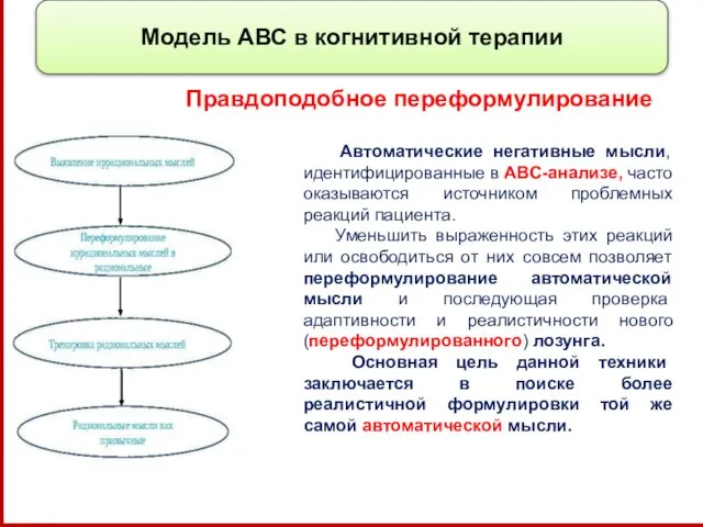 Модель АВС в когнитивной терапии Автоматические негативные мысли, идентифицированные в АВС-анализе, часто