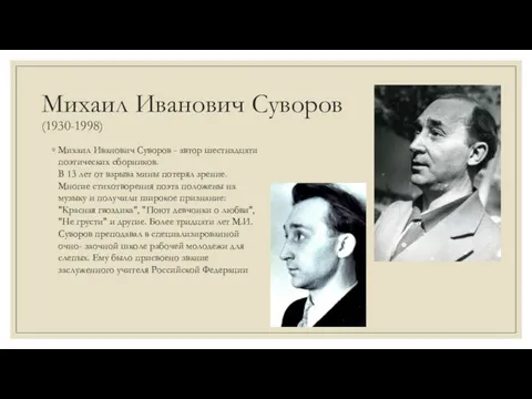 Михаил Иванович Суворов (1930-1998) Михаил Иванович Суворов - автор шестнадцати поэтических сборников.