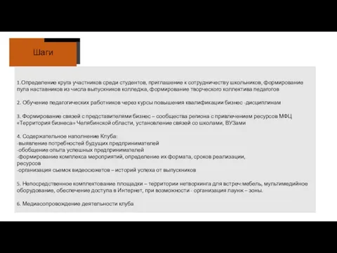 Шаги 1.Определение круга участников среди студентов, приглашение к сотрудничеству школьников, формирование пула