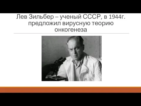Лев Зильбер – ученый СССР, в 1944г. предложил вирусную теорию онкогенеза
