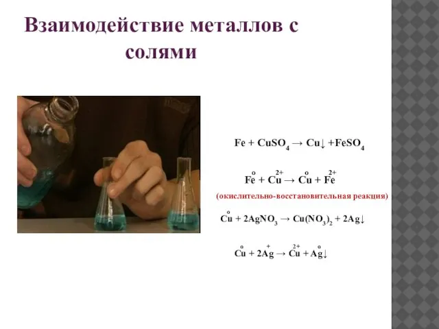 Взаимодействие металлов с солями Fe + CuSO4 → Cu↓ +FeSO4 o 2+