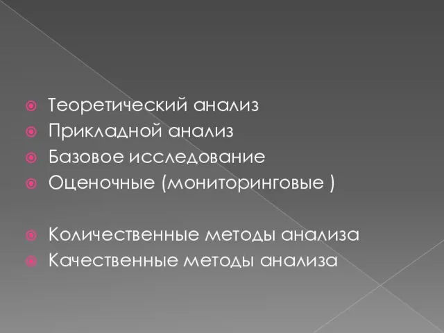 Теоретический анализ Прикладной анализ Базовое исследование Оценочные (мониторинговые ) Количественные методы анализа Качественные методы анализа