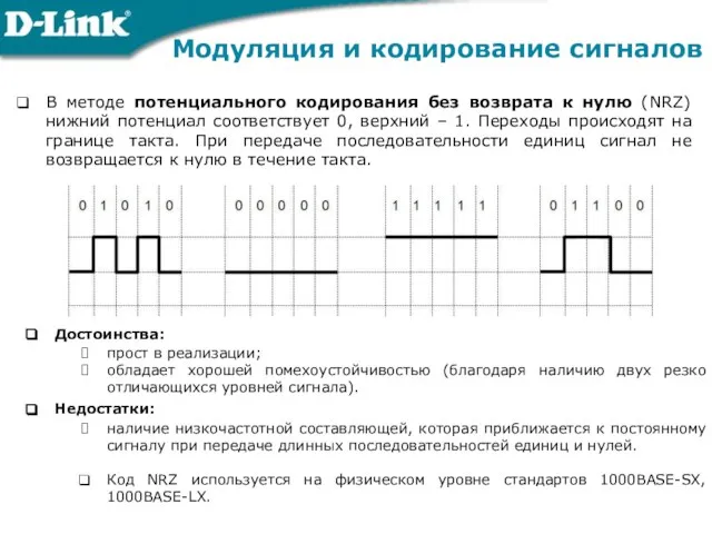 В методе потенциального кодирования без возврата к нулю (NRZ) нижний потенциал соответствует