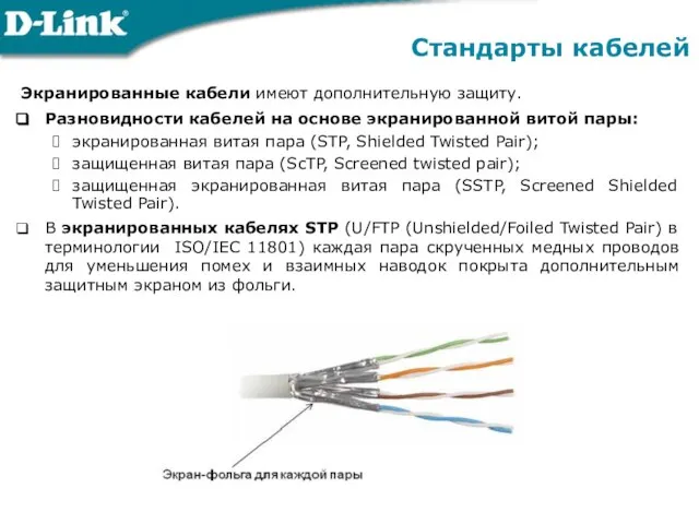 Экранированные кабели имеют дополнительную защиту. Разновидности кабелей на основе экранированной витой пары: