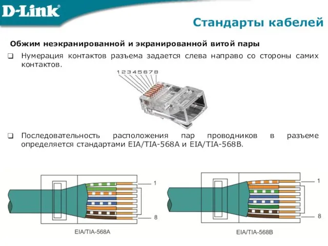 Обжим неэкранированной и экранированной витой пары Нумерация контактов разъема задается слева направо