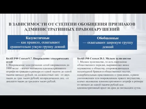 В ЗАВИСИМОСТИ ОТ СТЕПЕНИ ОБОБЩЕНИЯ ПРИЗНАКОВ АДМИНИСТРАТИВНЫХ ПРАВОНАРУШЕНИЙ Казуистичные — как правило,