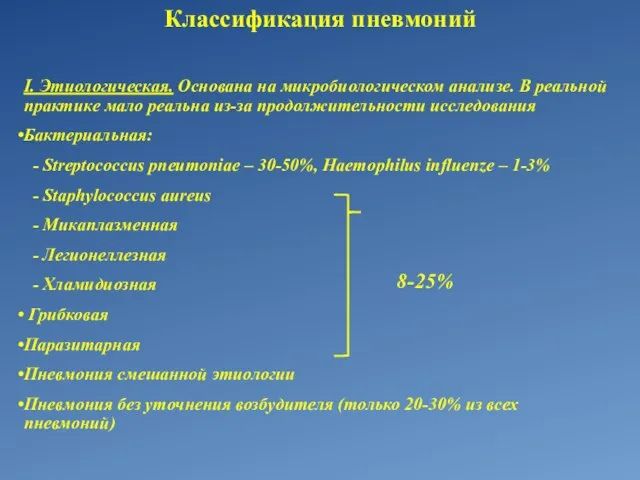 Классификация пневмоний I. Этиологическая. Основана на микробиологическом анализе. В реальной практике мало