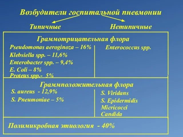 Возбудители госпитальной пневмонии Граммотрицательная флора Pseudomonas aeroginoza – 16% Klebsiella spp. –