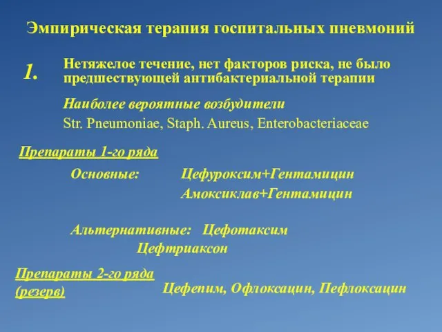 Эмпирическая терапия госпитальных пневмоний Нетяжелое течение, нет факторов риска, не было предшествующей